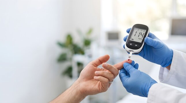 Healthcare professional checking blood glucose level during finger prick test with adult patient