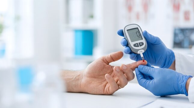 Healthcare worker measuring blood glucose from finger prick using portable meter in clinic