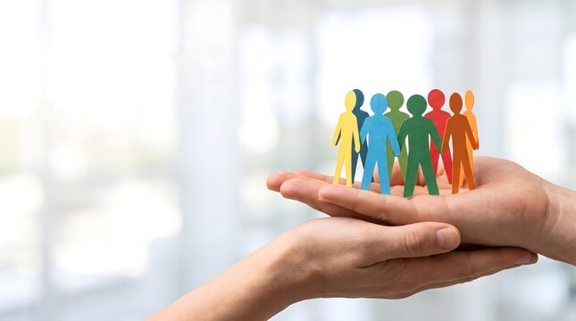 Multicolored paper people on supporting hands for inclusion and social care concept
