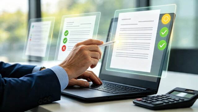 Business professional reviewing digital documents on transparent screens, using stylus to approve contracts and verify paperwork with green checkmarks