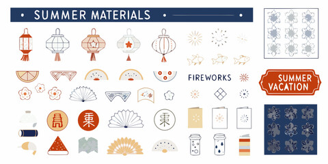 japanese summer materials collection flat vector lanterns fireworks vacation festival icons illustration design elements pattern decorative © Ripan