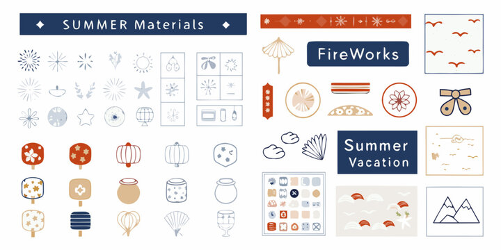 summer materials collection featuring fireworks popsicles fans and lanterns icons illustration pattern design seasonal vacation travel