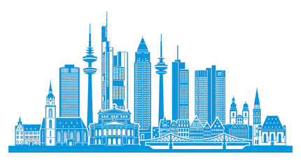 Obraz premium Blue Skyline Silhouette of Frankfurt, Germany, Modern Cityscape with Famous Buildings