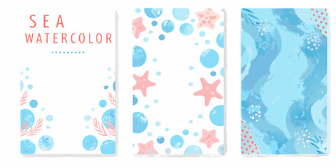 three vertical cards featuring sea watercolor designs design art layout starfish bubbles seaweed blue color pink © Ripan