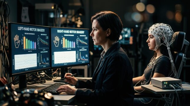 An EEG researcher compares decoder performance on adjacent screens showing left-hand and right-hand motor imagery icons, ranked bar charts, mean rank plots, and spectral waveforms, while a volunteer