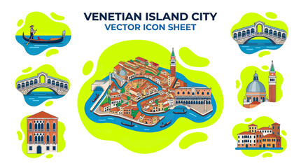 Venetian Island City Vector Icons: Gondola, Bridge, Buildings, Landmark © udin