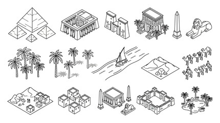 Obraz premium Ancient Egypt Isometric Icons: Pyramids, Sphinx, Camels, Palm Trees, Nile River