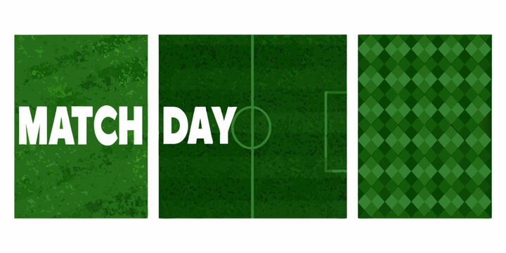 three vertical panels featuring a realistic green soccer field texture football pitch grass match day sports