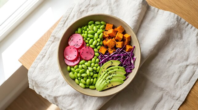 Makanan Sehat Veggie Bowl dengan Edamame Alpukat Ubi Jalar dan Kubis Ungu