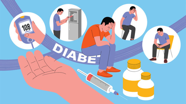 A male character illustrates common struggles and important medical tools related to diabetes management