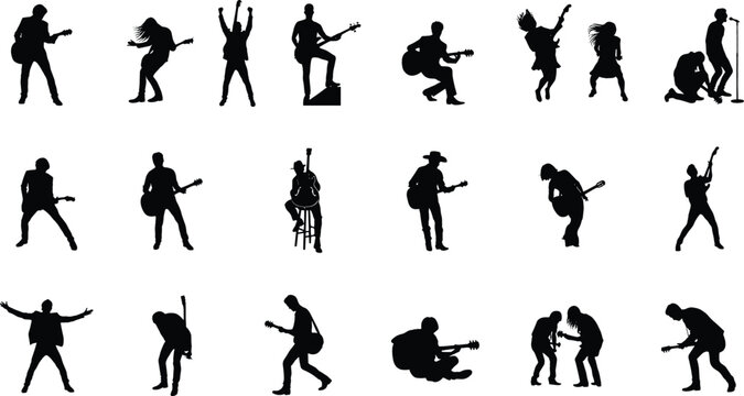 Rock Guitarist Performance Silhouette Action Vector SetRock Guitarist Performance Silhouette Action Vector Set