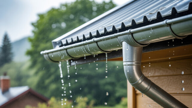 Rainy day gutter downspout on house roof with water dripping