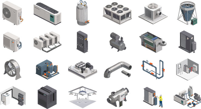 Industrial HVAC and Cooling System Isometric Icon SetIndustrial HVAC and Cooling System Isometric Icon Set