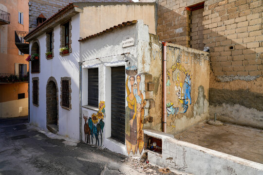 Street mural painting in Orgosolo, Sardinia, Italy