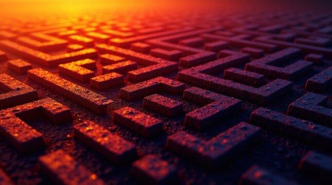 Abstract 3d maze pattern with glowing orange and blue light