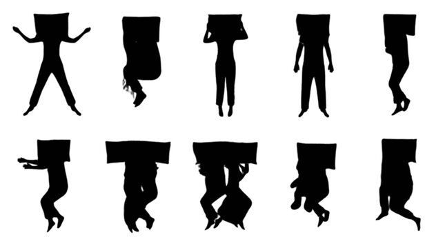 Silhouette figures in various dynamic poses with arms and legs spread isolated on transparent background, Vector