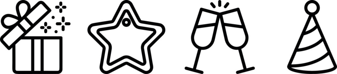 Birthday Party and Holiday Celebration Icon Vector Set Featuring Minimalist Line Art Symbols of Magic Surprise Gift Box, Star Cookie, Toasting Champagne Flutes, and Striped Cone Hat © Ashik 