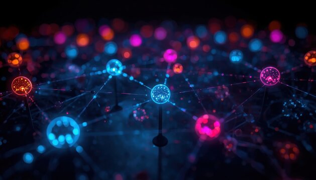 Network of glowing colorful spheres connected by thin lines representing internet connectivity and social media clusters with connected internet connectivity communication technology information