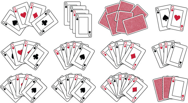 Collection of playing cards vector illustrations including various poker hands winning combinations layouts fans and card backs patterns isolated on white background