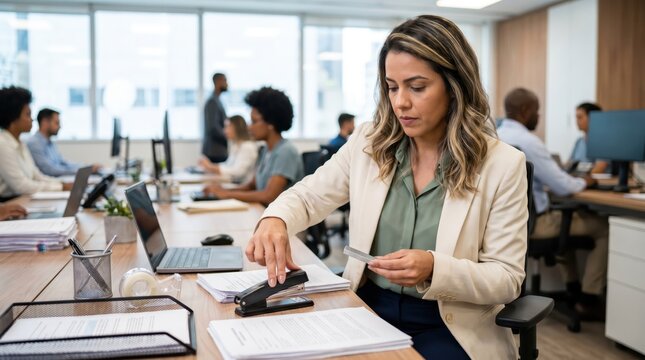 Generative AI, Businesswoman stapling documents in busy open plan office