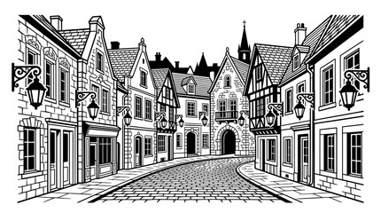 Historic European Street Scene with Cobblestones and Old Buildings - Black and White © wowo