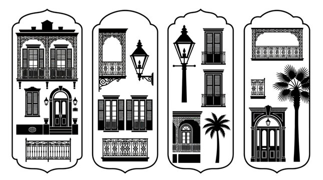 New Orleans Architecture Silhouette Collection: Balconies, Windows, Doors, Lamps