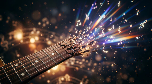 Acoustic guitar neck shattering into glowing musical notes and radiant light particles in a dynamic artistic digital composition representing creative energy