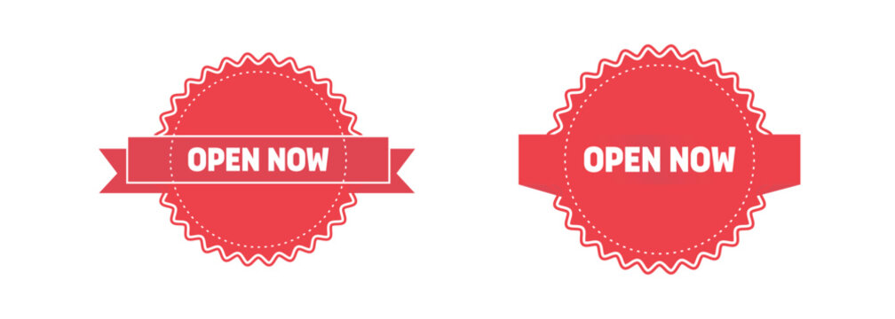 Red round sticker labels with the text open now for business promotion and retail shop marketing signage