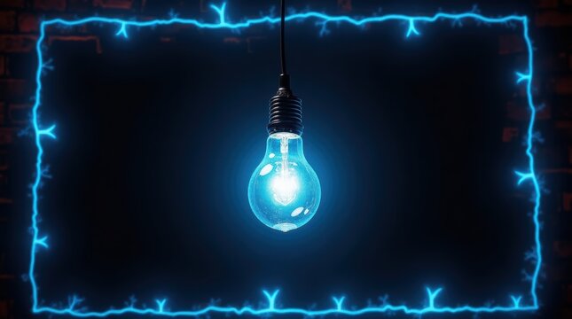 Glowing light bulb hanging inside a blue neon electric lightning frame
