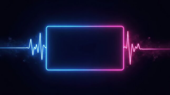 Neon glowing rectangular frame with blue and pink sound wave pulse lines