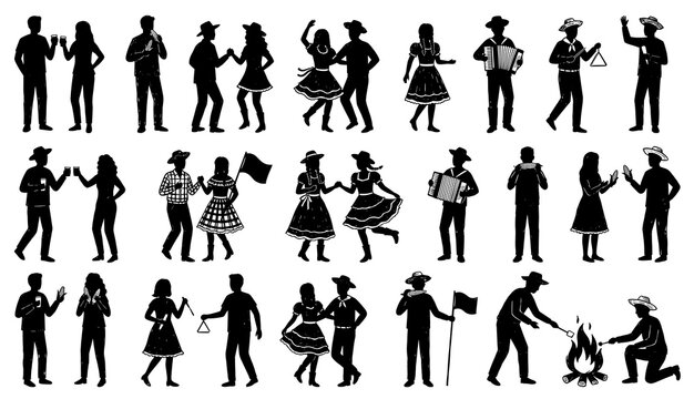 Large set of black silhouette people celebrating brazilian festa junina vector. Traditional festival characters dancing, playing accordion, holding flags and standing by campfire.