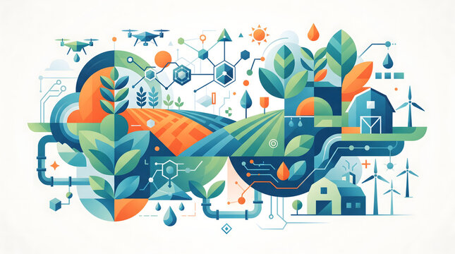 Modern AgriTech Ecosystem Illustration Featuring Digital Connectivity, Drone Monitoring, and Sustainable Precision Farming Practices