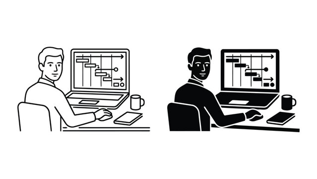 Professional working on project schedule planning on laptop icon set
