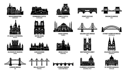 Fototapeta premium Famous Landmarks Collection: Castles, Bridges, Cathedrals Icons Set