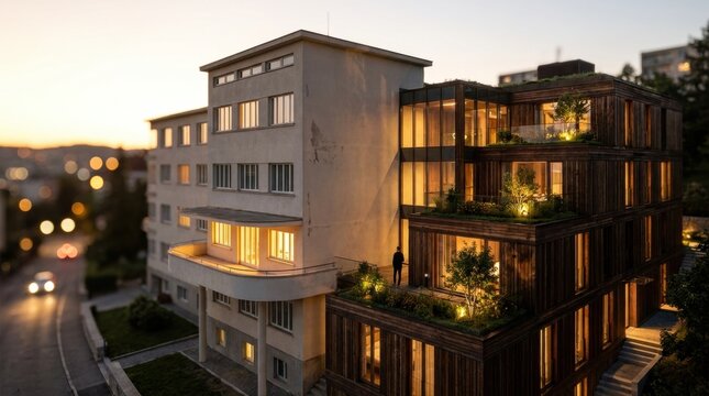 A preserved modernist sanatorium with ribbon windows, pale stucco walls, and a curved balcony is expanded into a contemporary hotel wing of warm timber, floor-to-ceiling glass, and green roof terraces