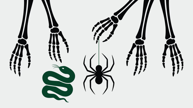 Spooky skeleton hands reaching for hanging spider with green snake, eerie creatures for Halloween