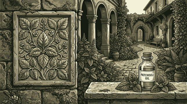 Floral Ornamental Relief Panel in Vintage Garden Courtyard Vector Illustration.