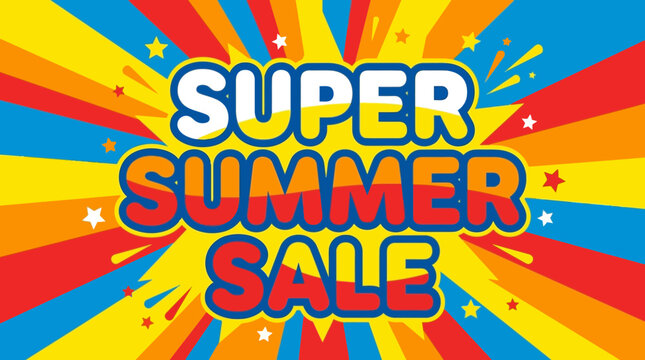 Vibrant Super Summer Sale Banner with Colorful Rays and Stars Background