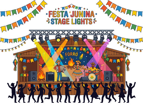 An illustration of a band performing on a wooden stage at a Festa Junina with silhouetted dancers in front