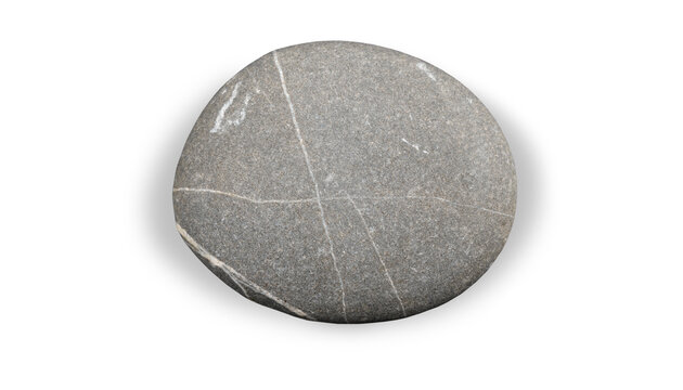 A smooth, grey, oval-shaped pebble with white linear striations lies on a transparent background