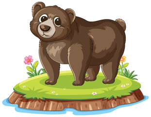 Naklejka premium Cartoon Brown Bear Standing on Grassy Island