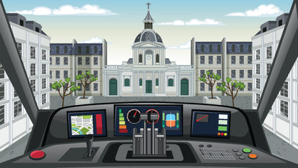 Vector Illustration of Vehicle Cockpit View Facing Historic European City Square © blueringmedia