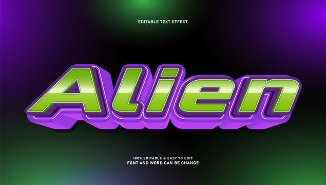Alien 3d text effect editable green and purple cartoon style