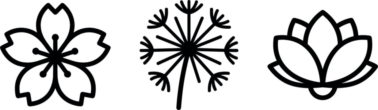 Minimalist Floral Bloom and Plant Symbol Vector Set Featuring Line Art Icons of Cherry Blossom, Dandelion Seed, and Lotus Flower for Wellness Brand Logo Designs