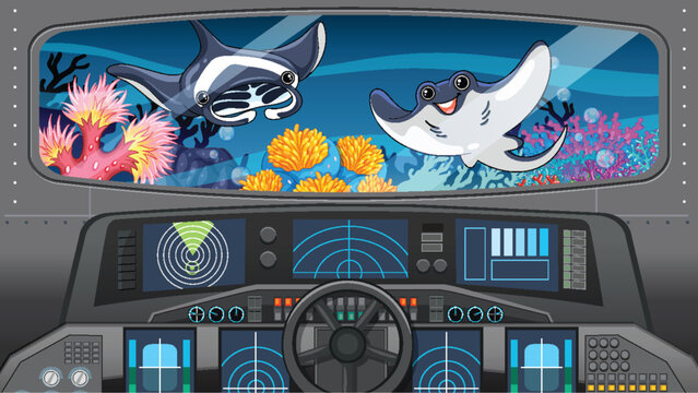 Submarine Cockpit View of Manta Rays and Coral Reef Underwater