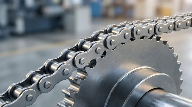 Close-up of a gleaming roller chain engaging with a metal sprocket, symbolizing industrial power transmission and precision engineering