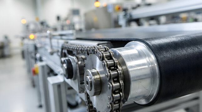 Close-up of industrial conveyor belt system with chain drive and rollers in a modern factory. Symbolizes automation and production