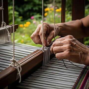 a weaver's gnarled, experienced hands meticulously tying knots and preparing the warp threads on a traditional wooden loom.	
