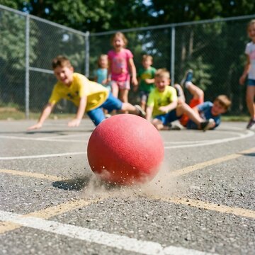 A foam dodgeball hitting the ground on an outdoor multi-sport court, with children diving in the blurred background, highlighting youthful recreation 