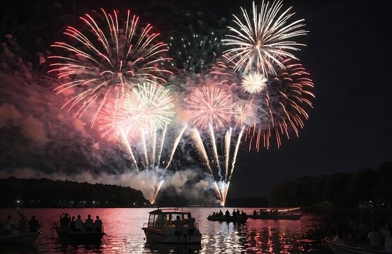 Colorful fourth of july fireworks display over a dark lake with boats fireworks festival